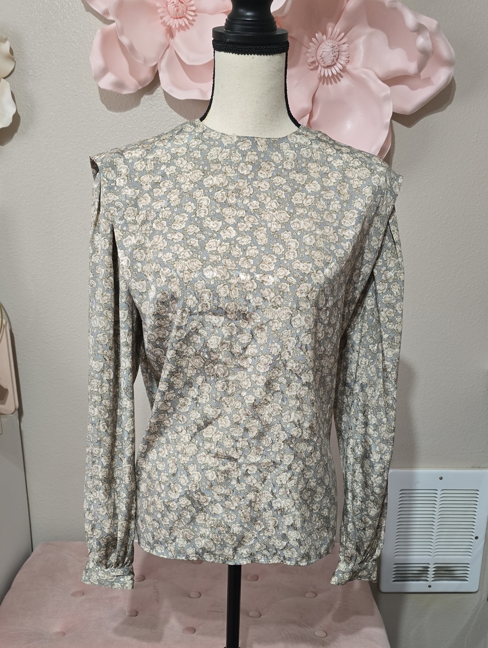 Floral Puff-Sleeve Long-Sleeve Top - Cream & Gray